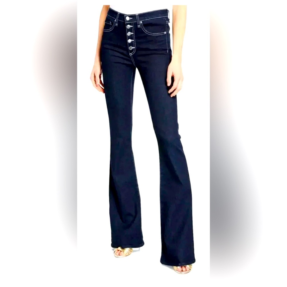 Veronica Beard Beverly High Rise Skinny Flare Jean Button Fly Tumble Topstitch